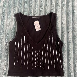 Black Rhinestone Embellished Women's Top